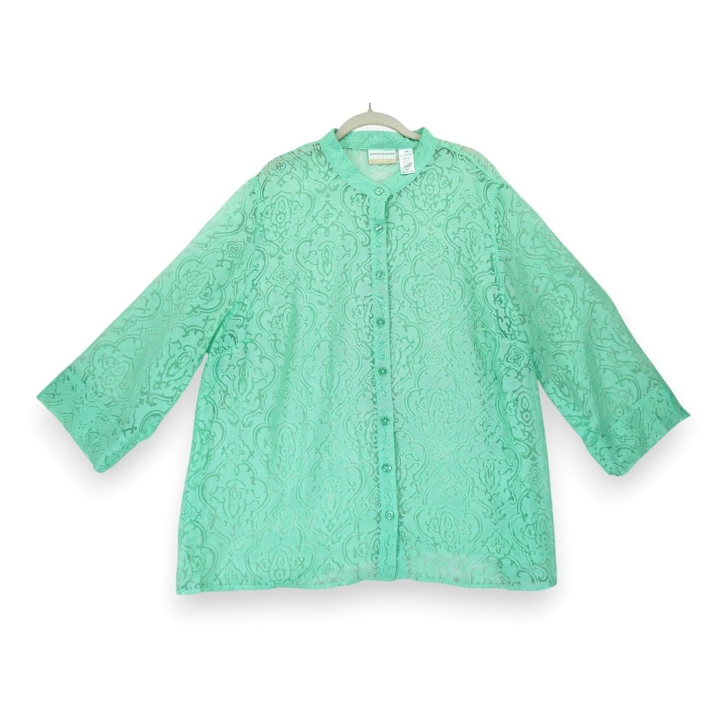 NWT Alfred Dunner Blouse Size 20W Semi-Sheer Mint Green Floral Burnout 3/4 Sleev